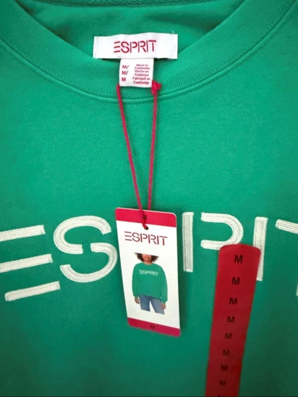 NWT Esprit Women's Logo Fleece Crewneck Sweatshirt Green White Retro Medium - Picture 4 of 7